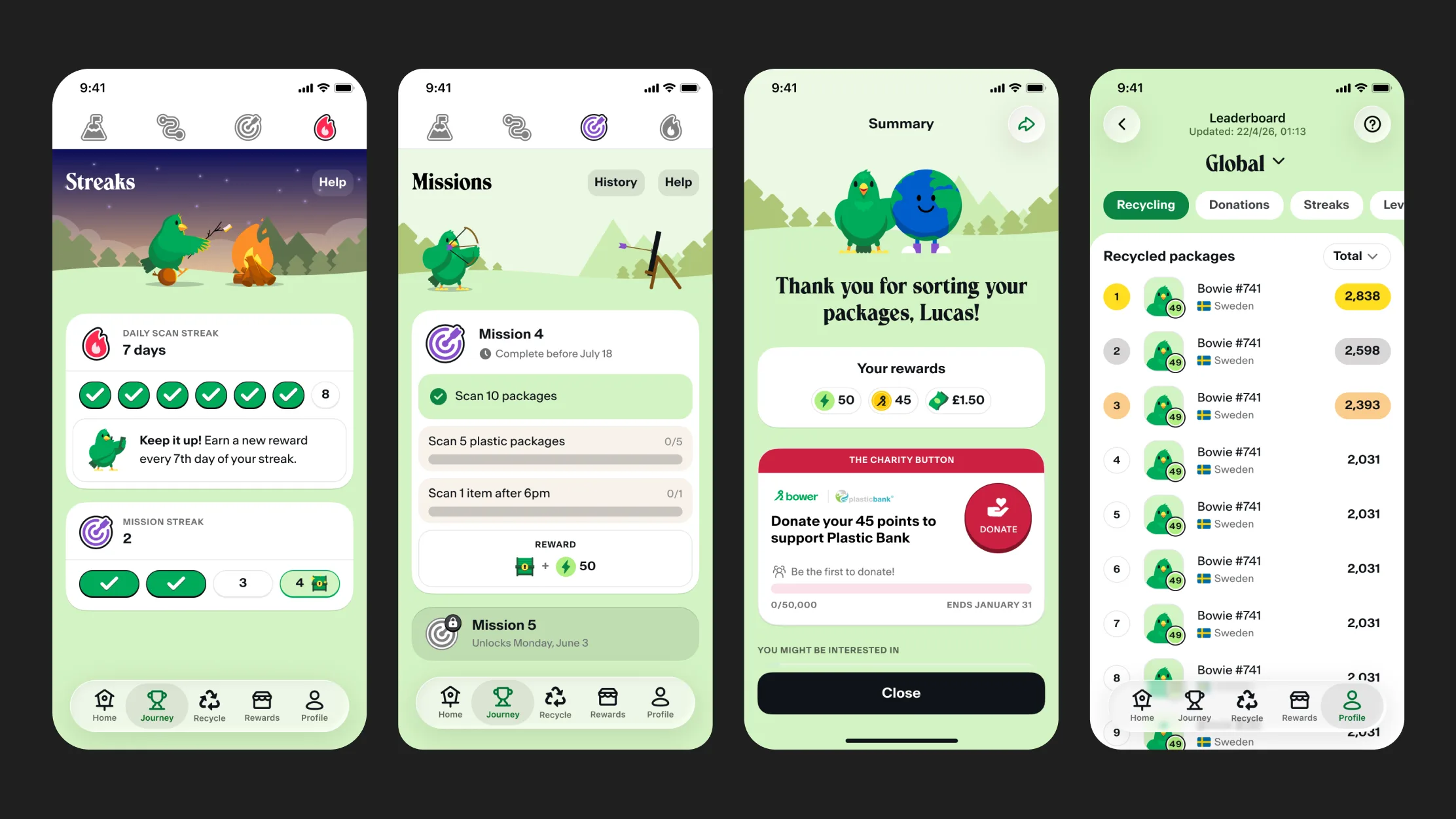 Four screens: the streaks tracker, the missions list, a drop-off summary with the charity button, and the global leaderboard