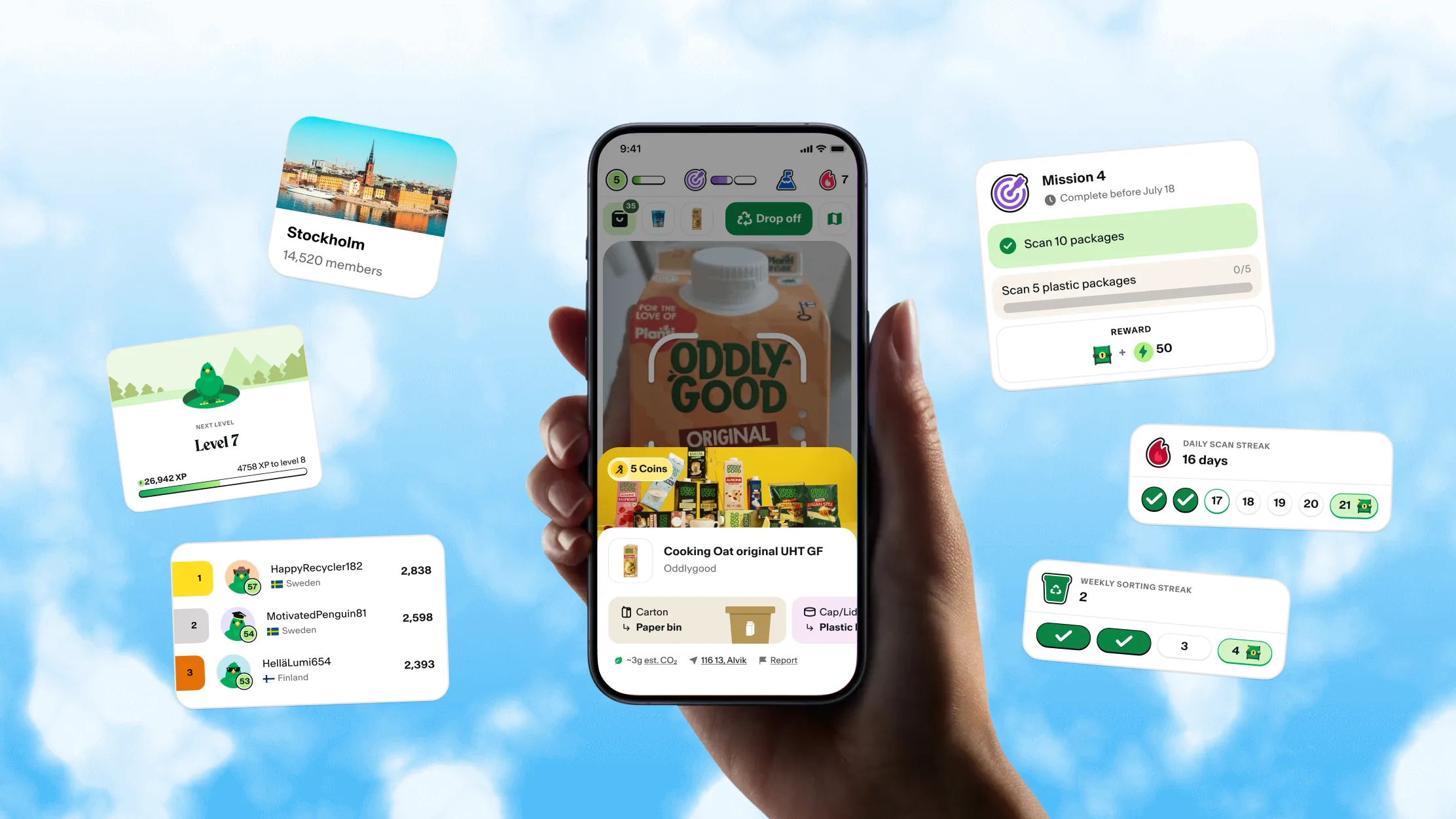 The Bower app in hand, surrounded by the surfaces built around it — level progress, a local group, a leaderboard, a mission and two streaks