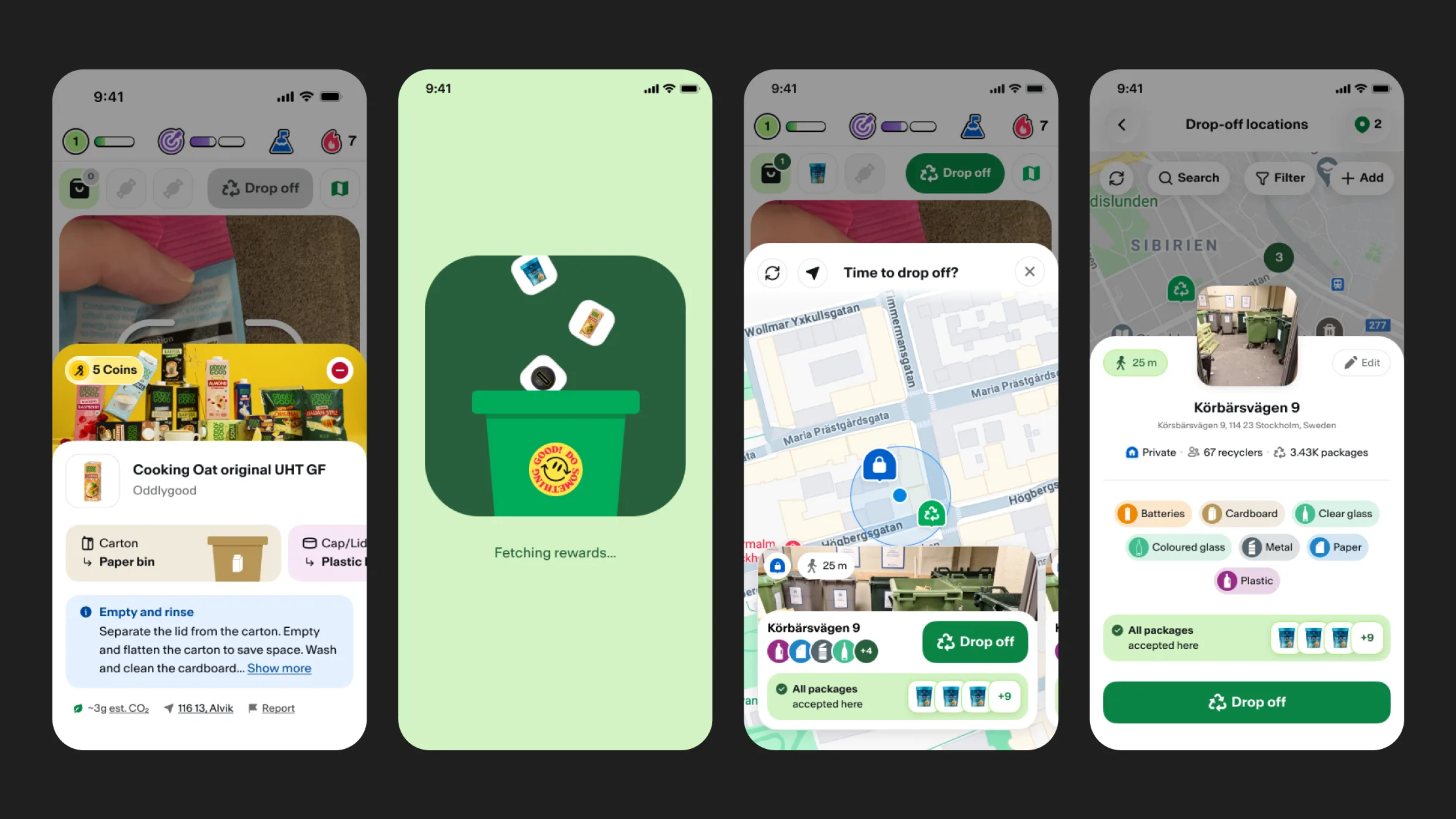 Four screens: a scanned package’s sorting instructions, the reward animation, the drop-off map, and a drop-off location’s accepted materials