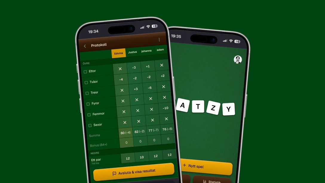 Two phones showing the Maxi Yatzy scoresheet